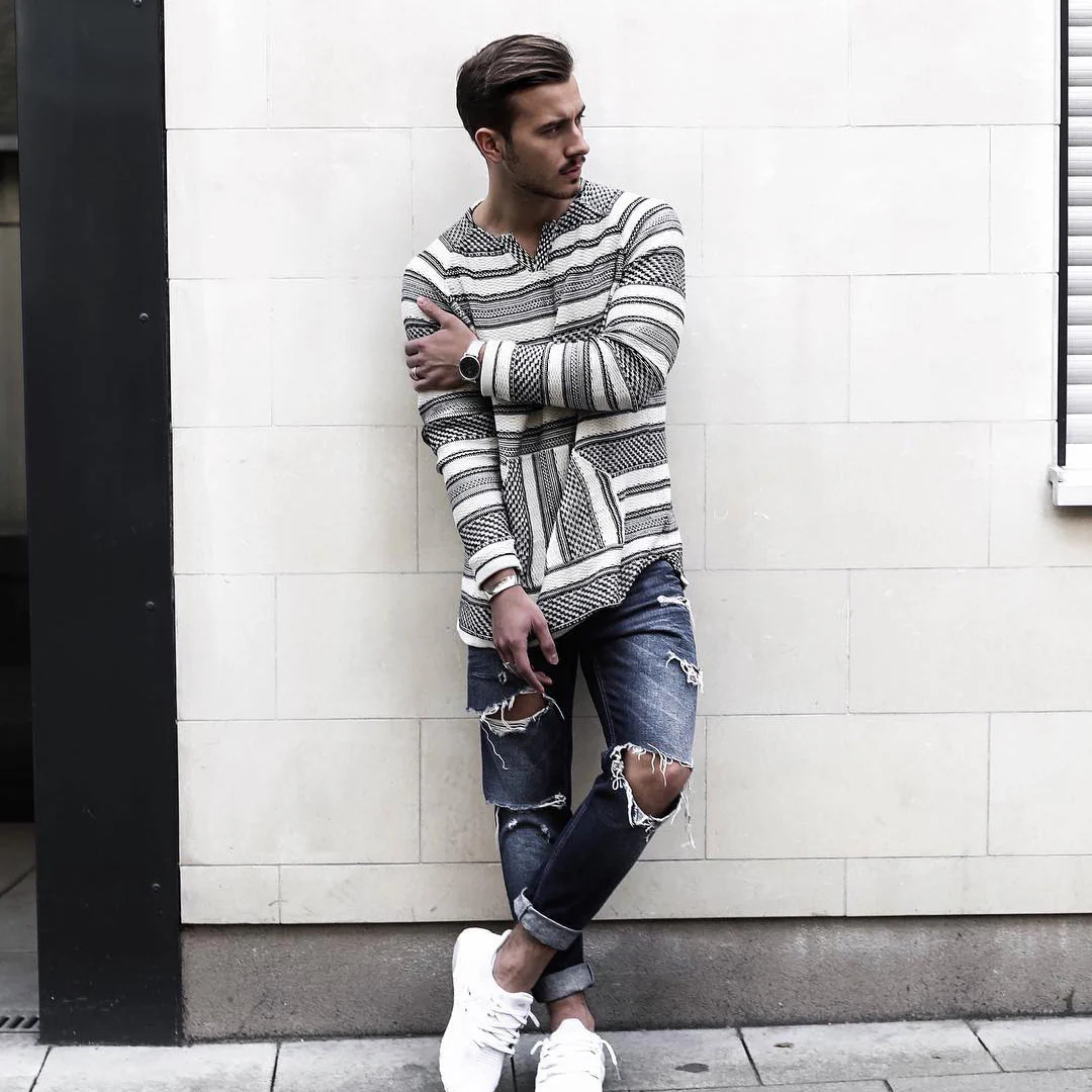 Street Loose Long Sleeve T-Shirt Simple V-neck Long Sleeve Striped T-Shirt